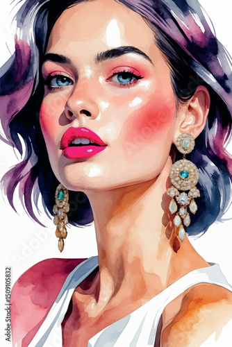 Fashion watercolor vector portrait of glamorous woman