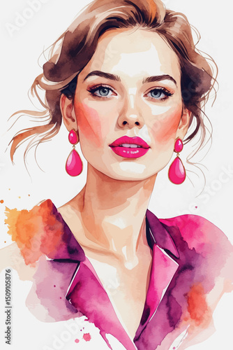 Fashion watercolor vector portrait of glamorous woman