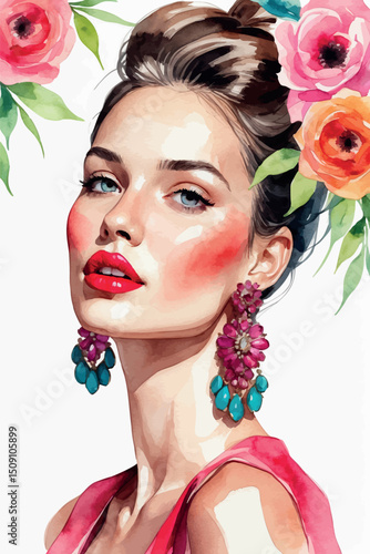 Fashion watercolor vector portrait of glamorous woman