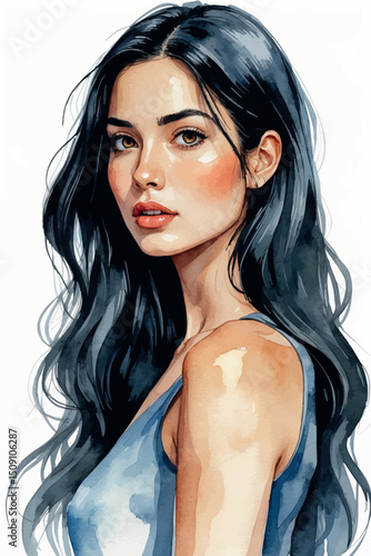 Vector watercolor portrait of black-haired woman isolated