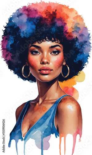 Bold afro-haired woman in watercolor vector portrait style