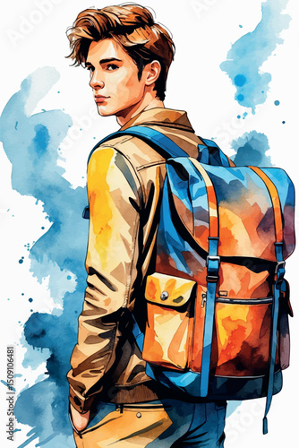 Traveler watercolor portrait vector of young backpacker