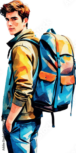 Traveler watercolor portrait vector of young backpacker