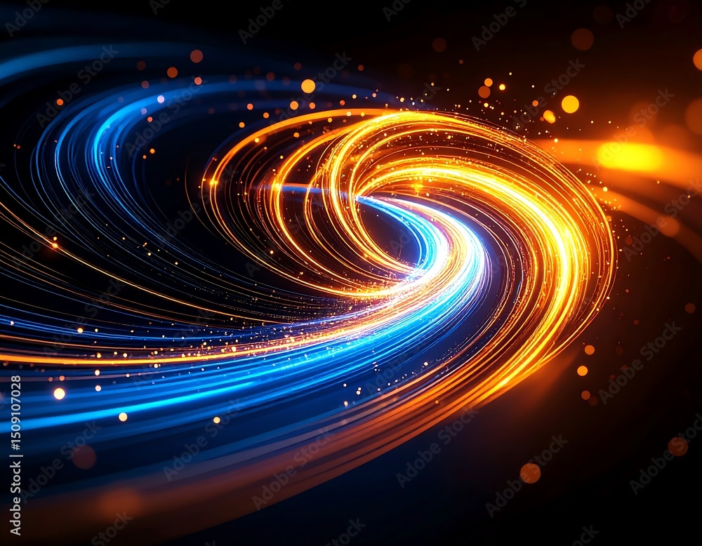 Obraz premium Swirling light trails create a vibrant, dynamic vortex against a dark background