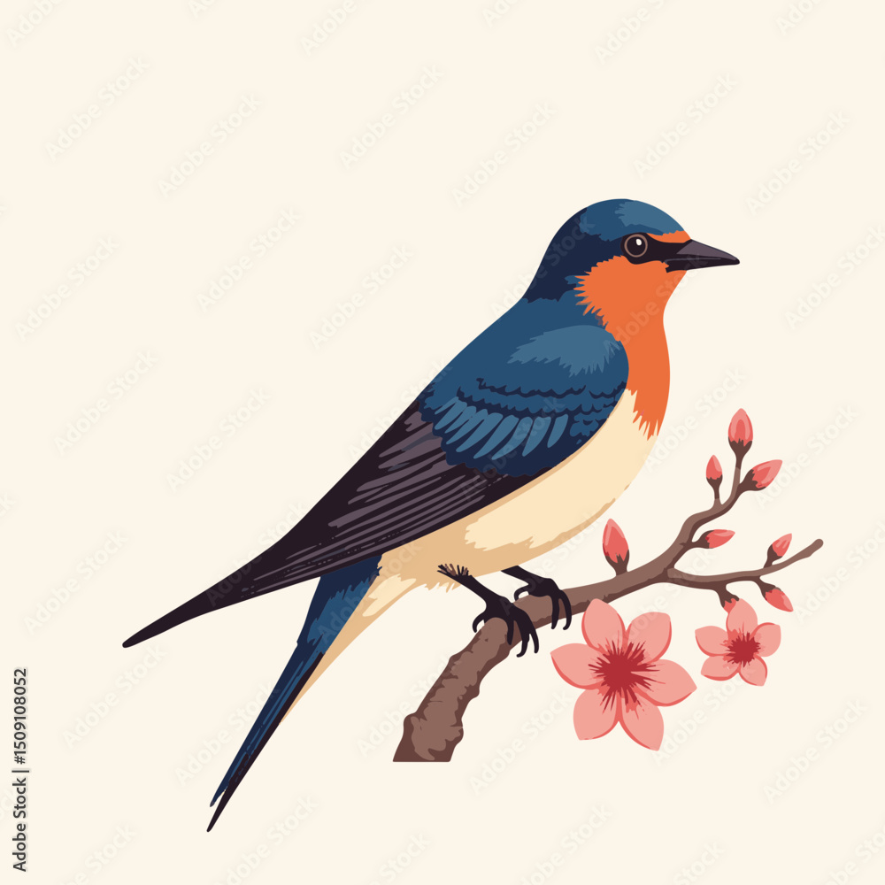 Obraz premium Colorful bird perched on flowering branch. Detailed illustration of swallow bird, a passerine species, resting on delicate pink blossoms.