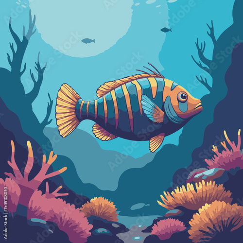 Colorful tropical fish in vibrant coral reef scene.  Underwater marine life illustration featuring detailed fish, coral, and plants.