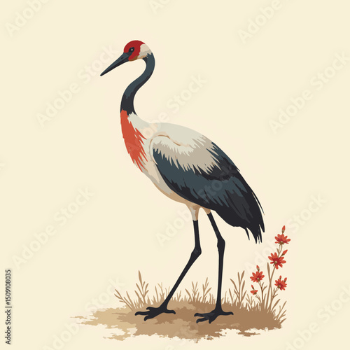 Elegant red-crowned crane illustration, Grus japonensis, standing in grassy area with red flowers.  This detailed crane image is perfect for nature posters, home decor, or birdwatching guides.