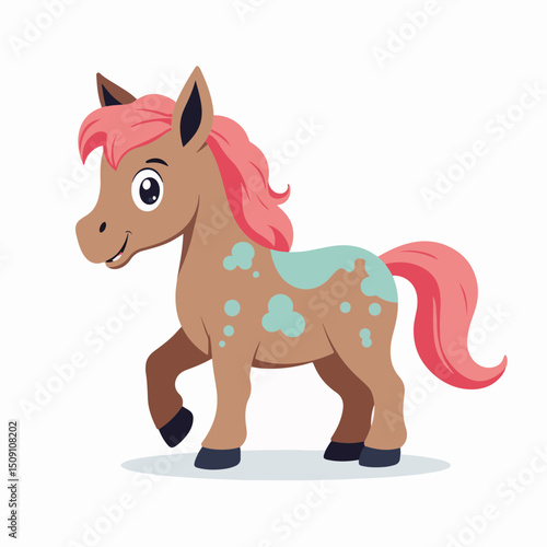 Cute pony illustration brown coat pink mane and tail. Adorable cartoon pony with teal spots perfect for children's books. Playful pony image ideal for kids apparel and designs.