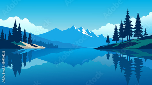  Lake Tahoe Vector Illustration with Pines and Water Reflection