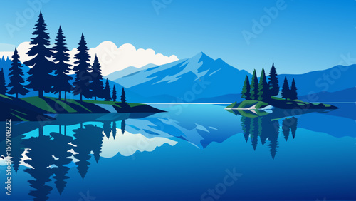  Lake Tahoe Vector Illustration with Pines and Water Reflection