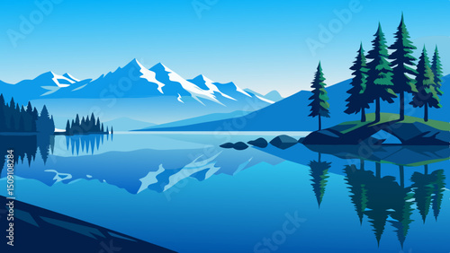  Lake Tahoe Vector Illustration with Pines and Water Reflection