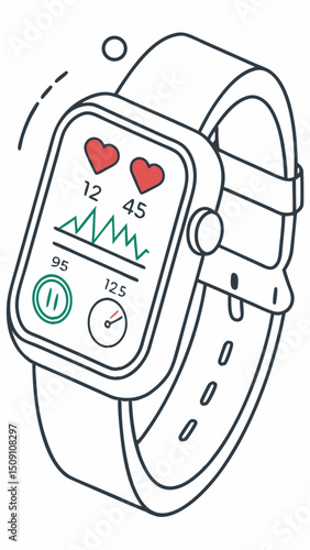 Vector image smart watch with pedometer and heart rate graph. Style UI-friendly, flat icons, redgreen accents 