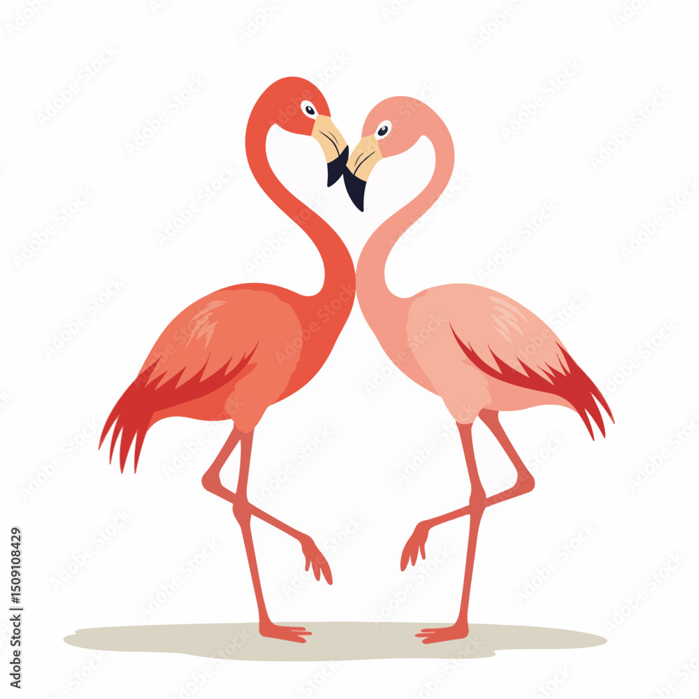 Naklejka premium Two pink flamingos Phoenicopterus roseus forming heart shape with their necks. Elegant flamingos in love creating romantic heart symbol. Pair of flamingos perfect for Valentine's Day cards,
