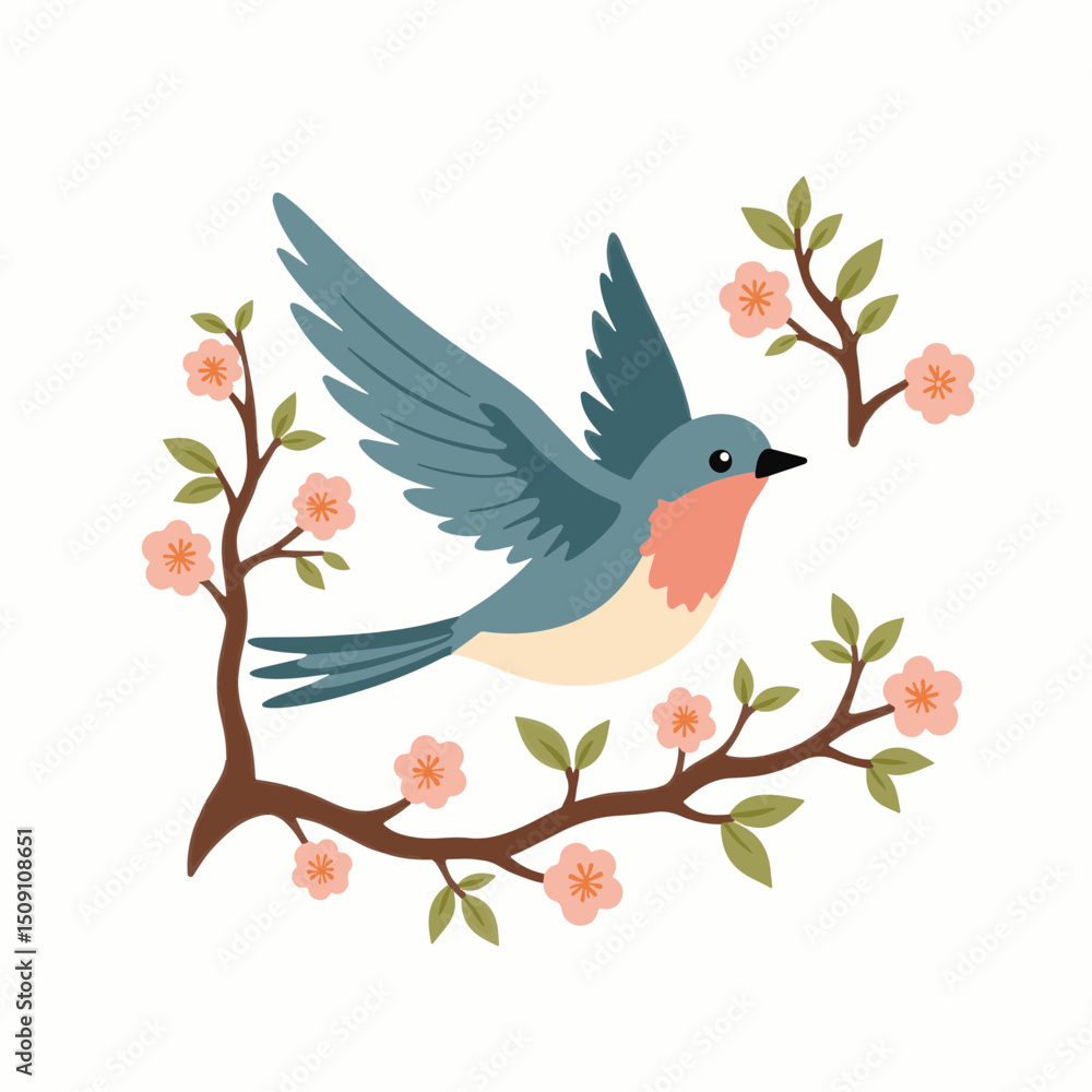 Obraz premium Cute bluebird flying near blooming branches with pink flowers. Springtime bird illustration features delicate flowers and bird in flight. Charming bird graphic perfect for springtime greeting cards,