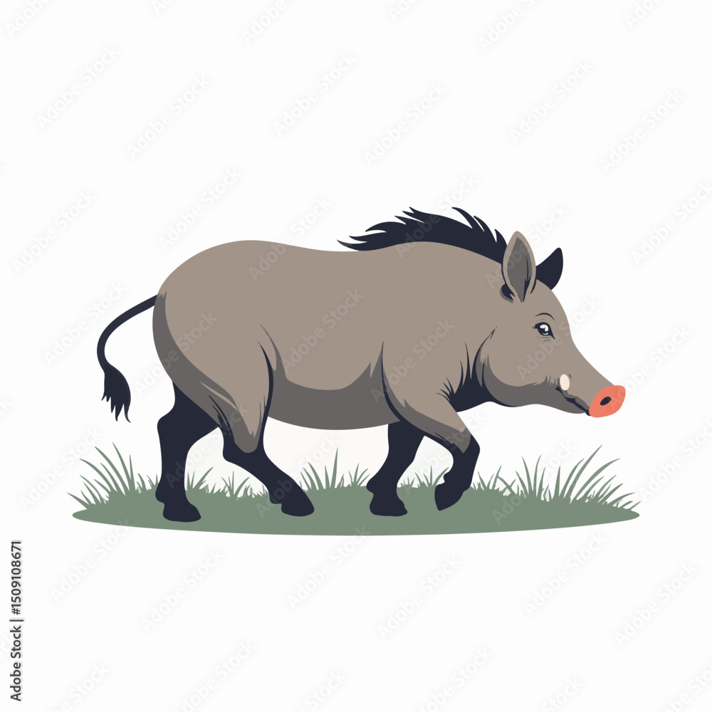 Naklejka premium Wild boar sus scrofa illustration. Walking wild boar in grass. Detailed wild boar image perfect for educational posters or nature documentaries.