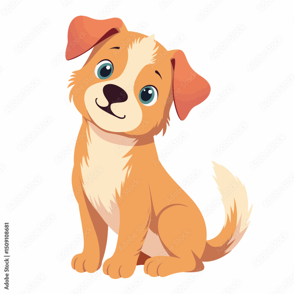 Obraz premium Adorable puppy dog sitting, small pet with fluffy fur and big eyes. Cute puppy dog illustration perfect for children's book, greeting cards, or pet shop advertising.