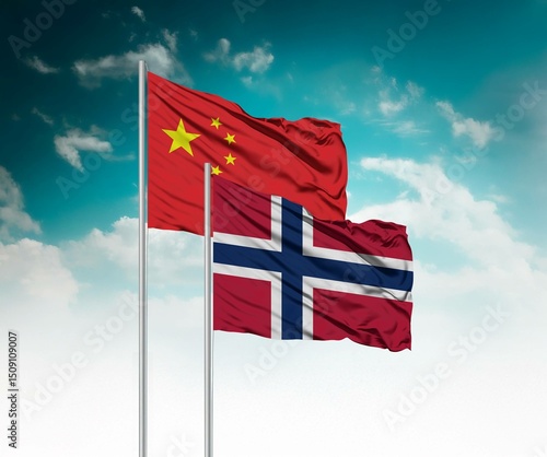  National flags of China and Norway wave side by side in a clear blue sky symbolizing international unity and cooperation.