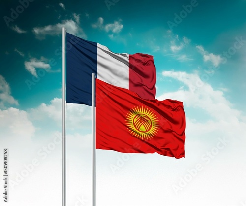  National flags of France and Kyrgyzstan wave side by side in a clear blue sky symbolizing international unity and cooperation.