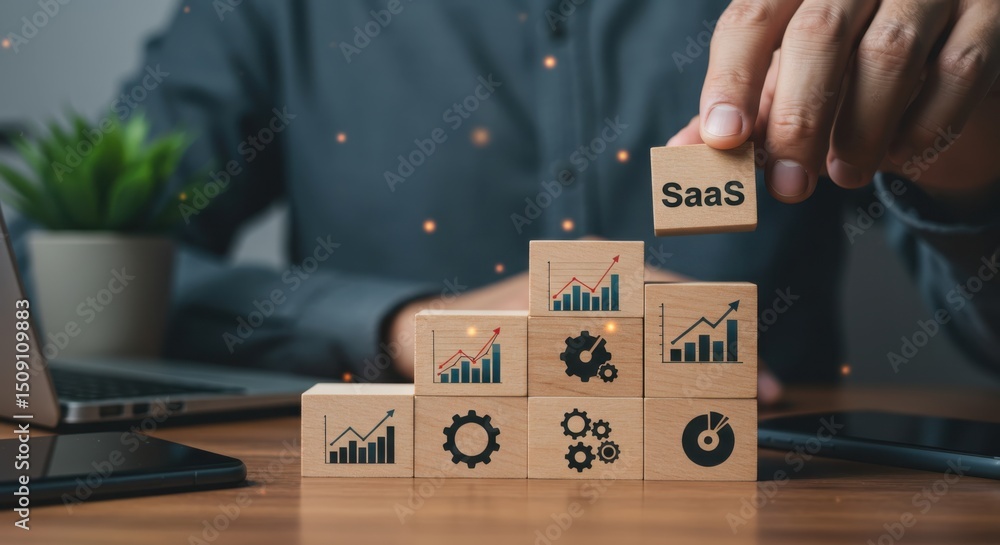 Obraz premium SaaS business structure and growth model. Person building tower of wooden blocks with SaaS and growth icons representing software, data, analytics, and business success