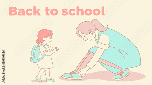 A flat vector illustration of a mother helping her child get ready for school. The mother is kneeling to tie the child’s shoelaces. The child is wearing a simple school uniform and looks happy