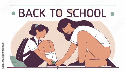 A flat vector illustration of a mother helping her child get ready for school. The mother is kneeling to tie the child’s shoelaces. The child is wearing a simple school uniform and looks happy