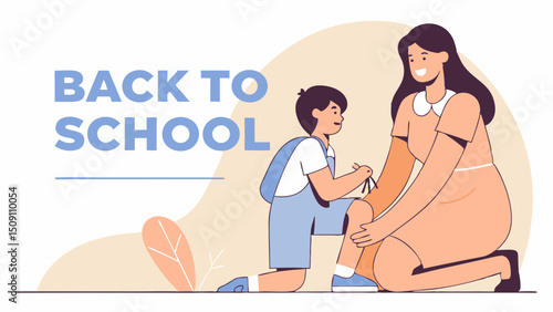 A flat vector illustration of a mother helping her child get ready for school. The mother is kneeling to tie the child’s shoelaces. The child is wearing a simple school uniform and looks happy