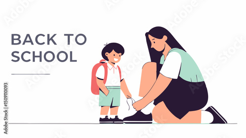 A flat vector illustration of a mother helping her child get ready for school. The mother is kneeling to tie the child’s shoelaces. The child is wearing a simple school uniform and looks happy