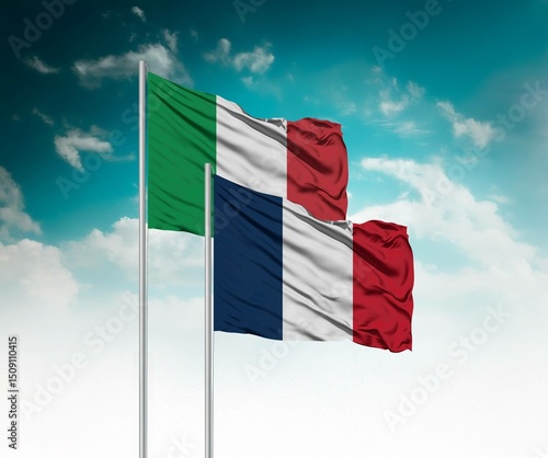  National flags of Italy and France wave side by side in a clear blue sky symbolizing international unity and cooperation.