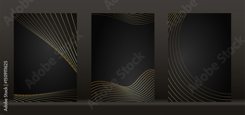 Set card collection of luxury wedding invitation. Gold elegant geometric shape and golden wavy lines on black background. Vector premium design for wedding, vip cover template, poster, banner 