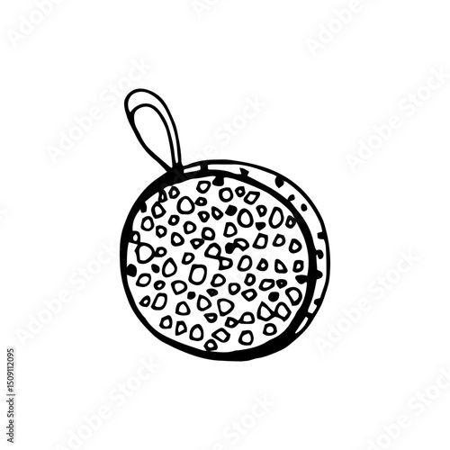 Sponge for washing the body, pumice stone for cleaning heels., black and white doodle illustration isolated on white background. Body care item for spa salon, hand drawn object.