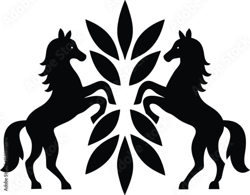 Two horses rearing isolated on white background with leaf design