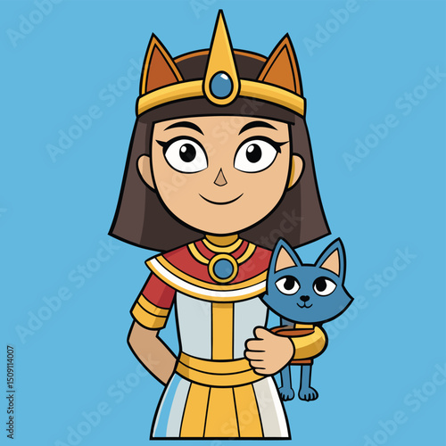 Egyptian queen holding sacred cat wearing traditional headdress and jewelry