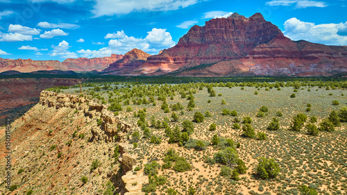 Aerial Desert Plateau and Red Rock Canyon with Lush Valley Panoramic View