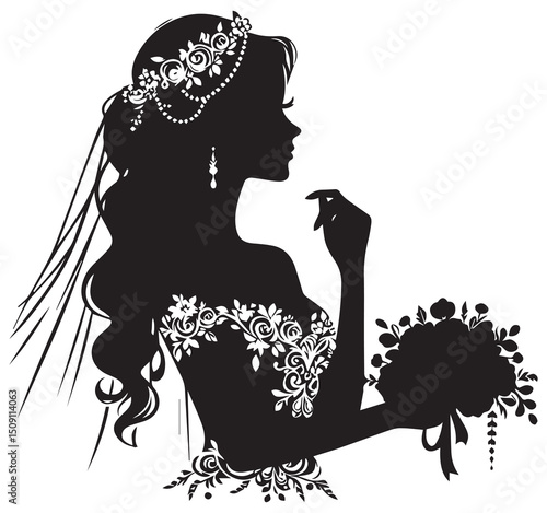 Beautiful Elegant Black Silhouette Bride Illustration with Floral Wedding Dress Veil and Bouquet Side Profile