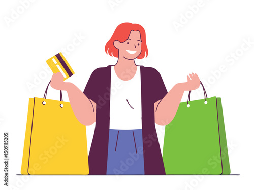 Happy Woman Shopping with Credit Card and Bags Vector Illustration