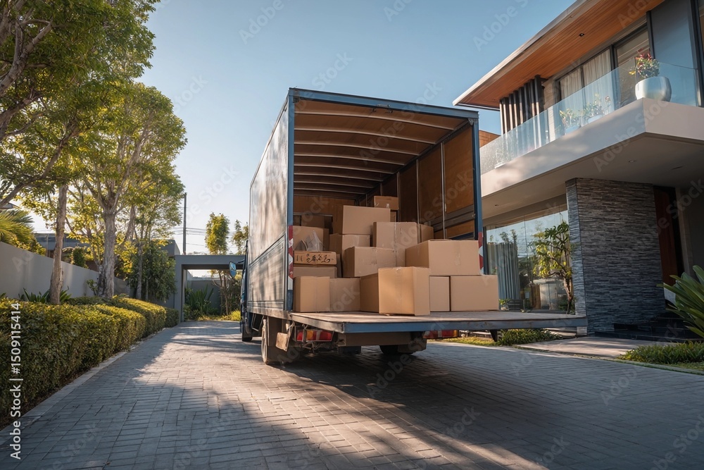 Delivery truck unloading packages in a modern residential neighborhood during daytime Delivery truck unloading packages in a modern residential neighborhood during daytime