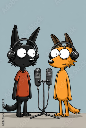 Anthropomorphic cartoon canines wearing headphones recording dialogue with microphones in a studio setting