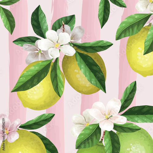 Lemon and blossom pattern on pink striped background