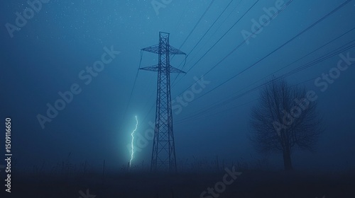 Misty night, power lines, lightning strike