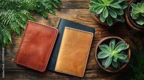 Two leather notebooks, brown and tan, on a wooden surface with succulents and ferns