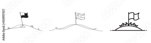 Simple Line Art Flags on Hills, Representing Different Nationalities