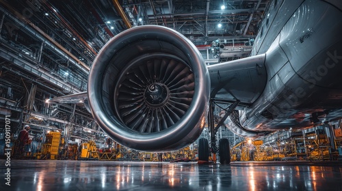 Inside a spacious aircraft manufacturing facility, a large jet engine is prominently displayed, with workers attending to various tasks