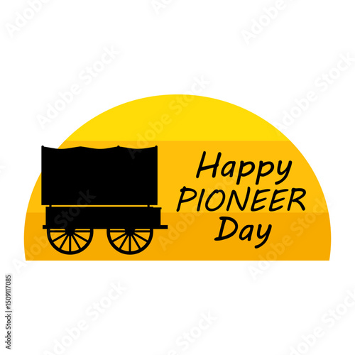 A covered wagon of pioneers against the backdrop of mountains and sand