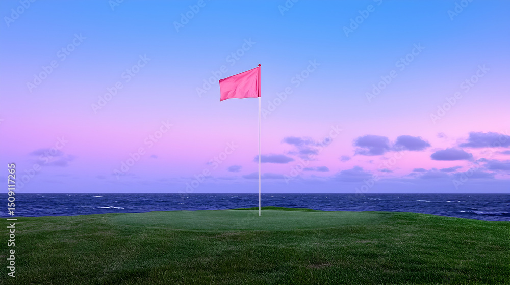 Fototapeta premium Pink Golf Flag on Green Grass by Ocean at Sunset