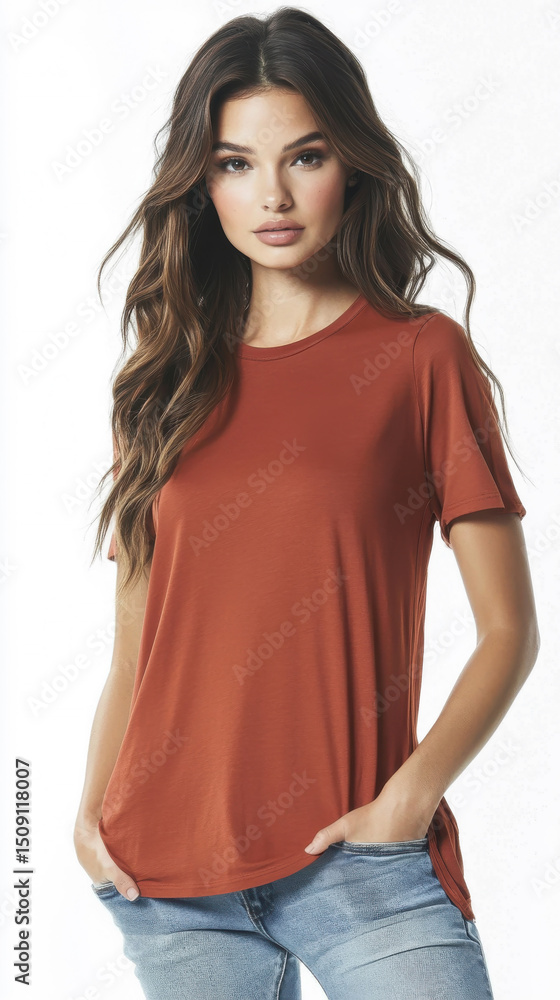 Obraz premium Casual young woman in rust colored t-shirt and blue jeans posing confidently with hands in pockets, long hair flowing, studio lighting.