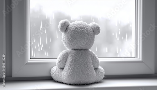 Lonely Bear Doll Looking Out Of Window In Black And White, Sad Teddy Bear In Rainy Day, Lost Toy On International Missing Children Day.