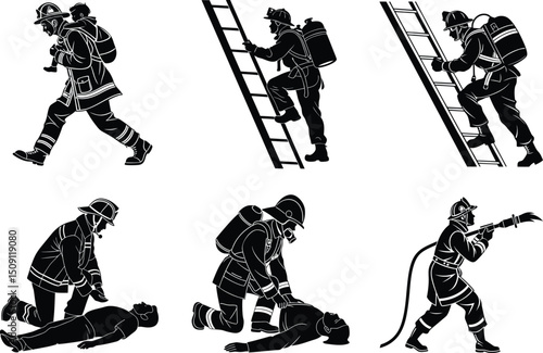 Brave Firefighters in Action Rescuing, Climbing, and Saving Lives Silhouettes