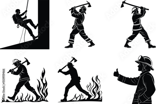 Firefighter Silhouettes Courage, Action, and Rescue in Black and White