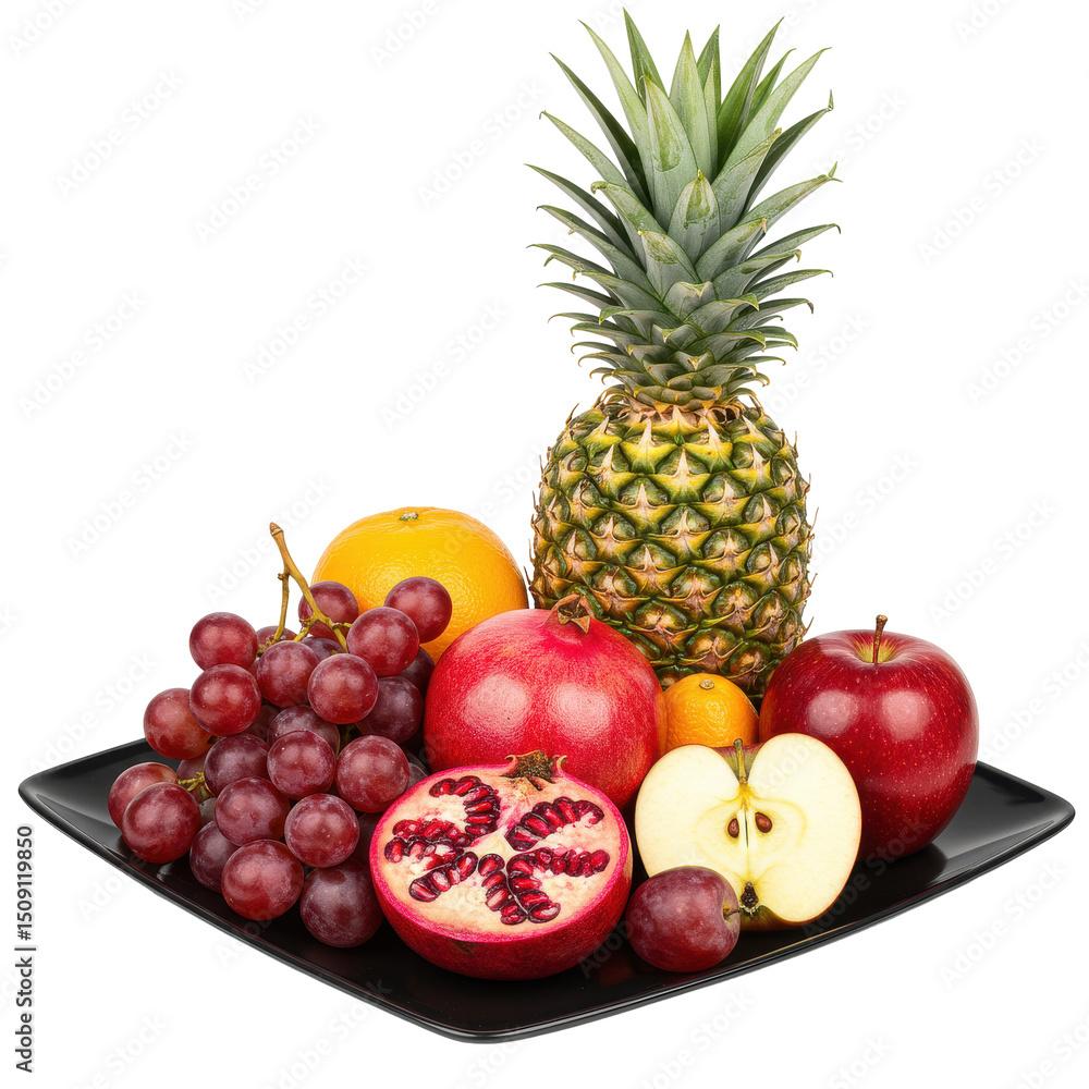Abundance of fruit on black plate, features an apple, grapes, pineapple, orange, and pomegranate Abundance of fruit on black plate, features an apple, grapes, pineapple, orange, and pomegranate