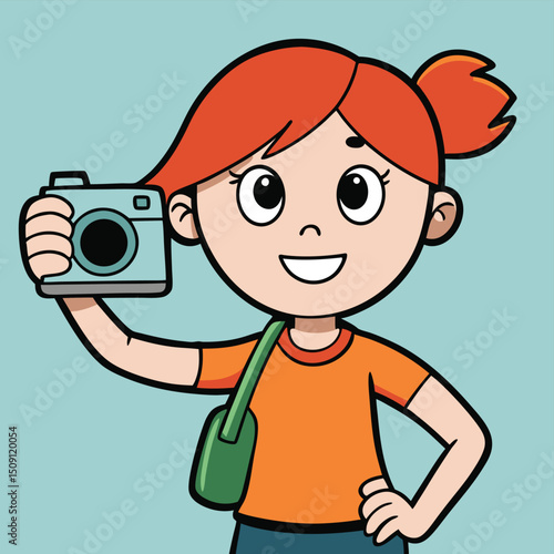 Girl with camera taking selfies making funny face